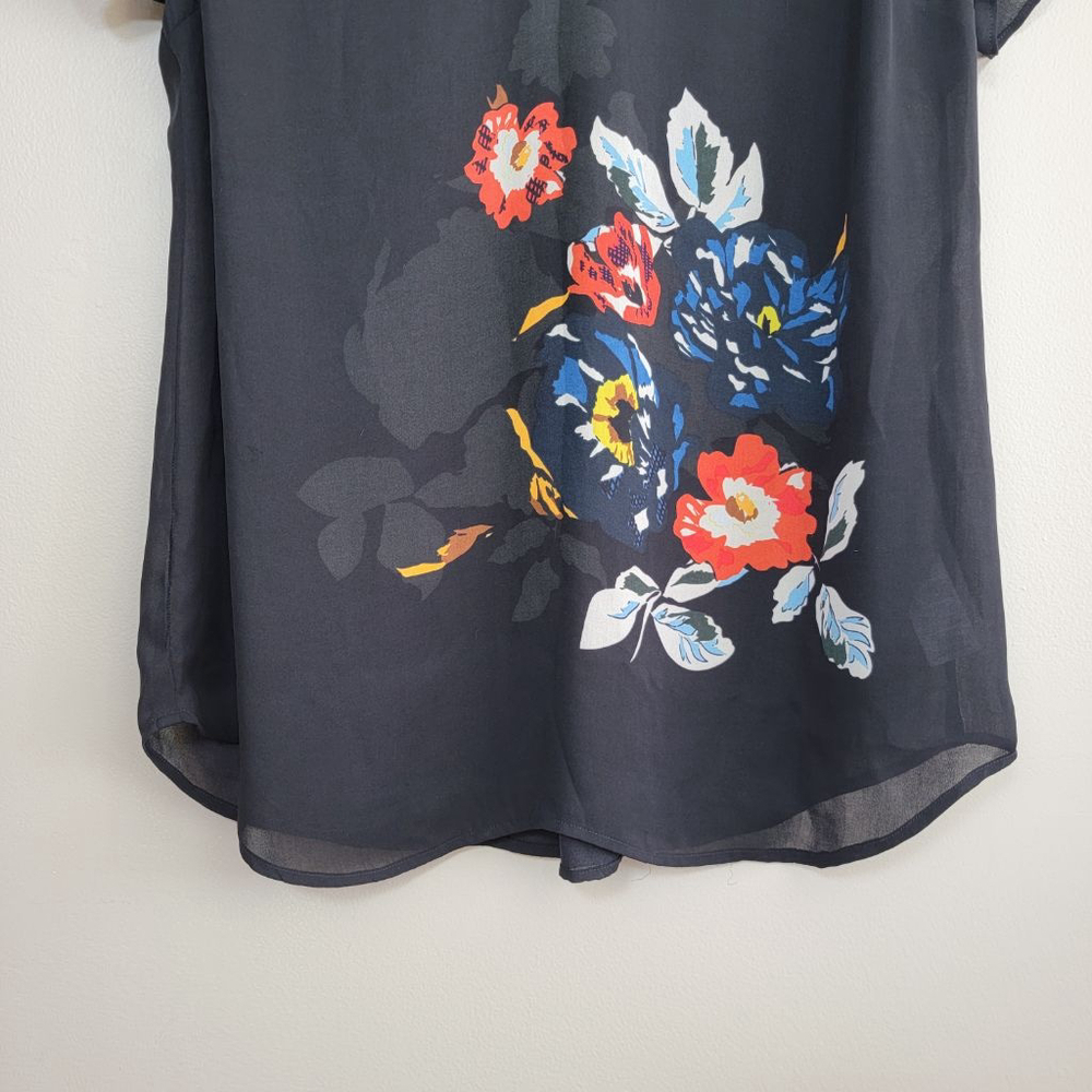 Cabi #5020 Fiore Floral Sheer V Neck Pleated Short Sleeve Blouse Top Black Red L - Picture 5 of 9